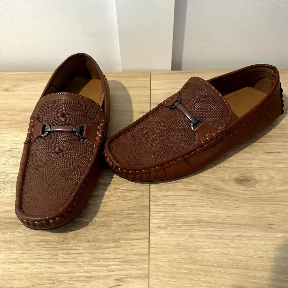 Boy's Brown Driving Loafers Moc Toe Horsebit Slip On Shoes Size 7 Casual
